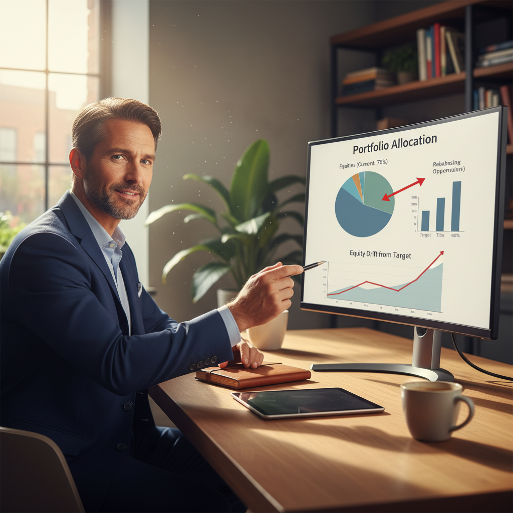 a financial advisor reviewing a portfolio allocation chart on a large monitor showing equity drift from target allocation — portfolio rebalancing
