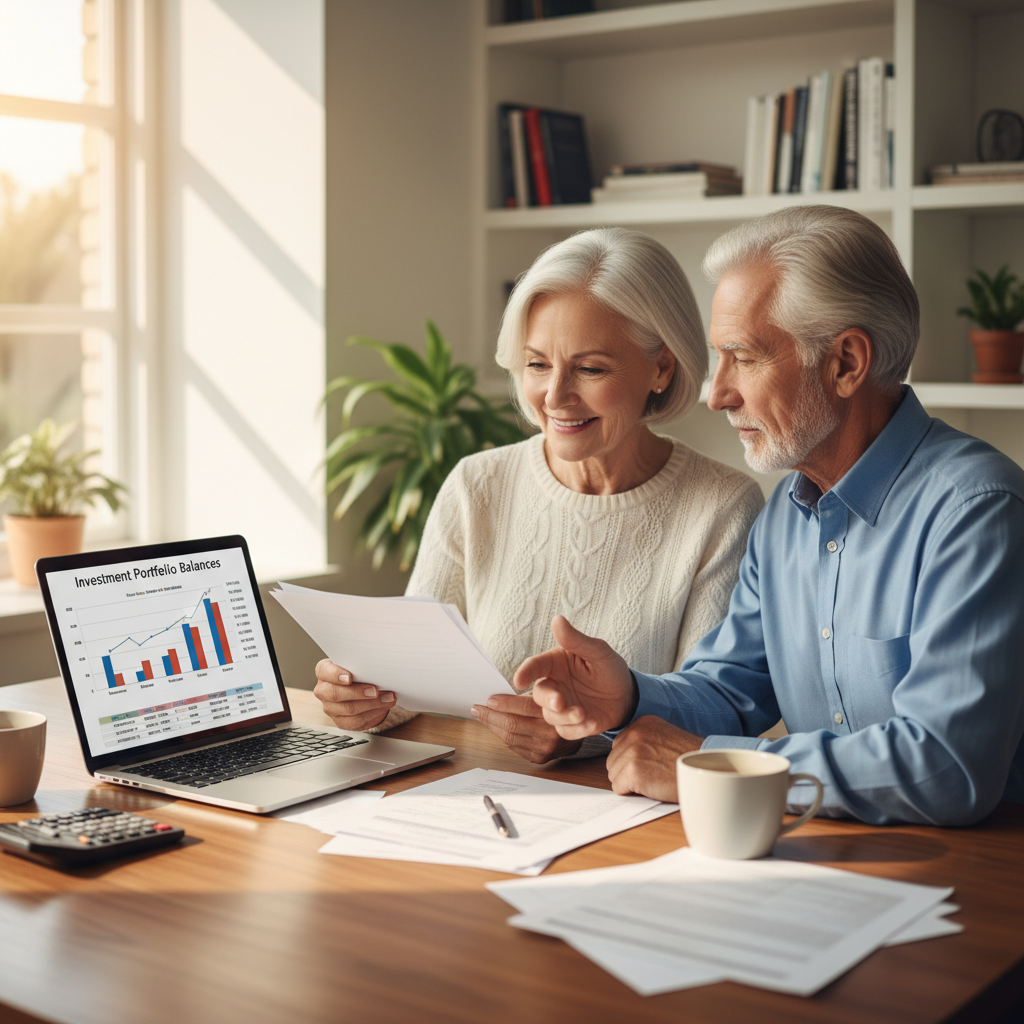 a retired couple sitting at a dining table reviewing tax documents and a laptop showing investment account balances — portfolio rebalancing