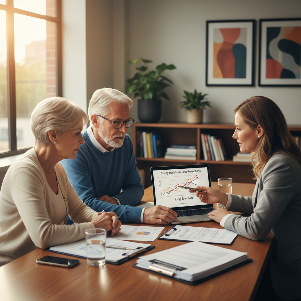 a senior couple sitting with a financial advisor reviewing documents and a laptop screen showing rising healthcare cost projections in a modern office — long-term care costs