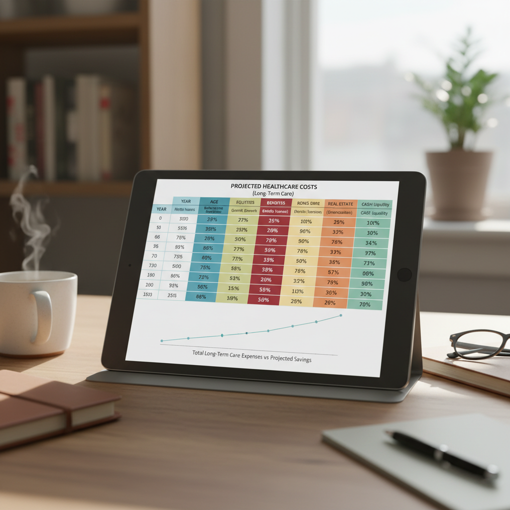 a detailed financial planning spreadsheet on a tablet screen showing projected healthcare costs and asset allocation categories with color-coded columns — long-term care costs