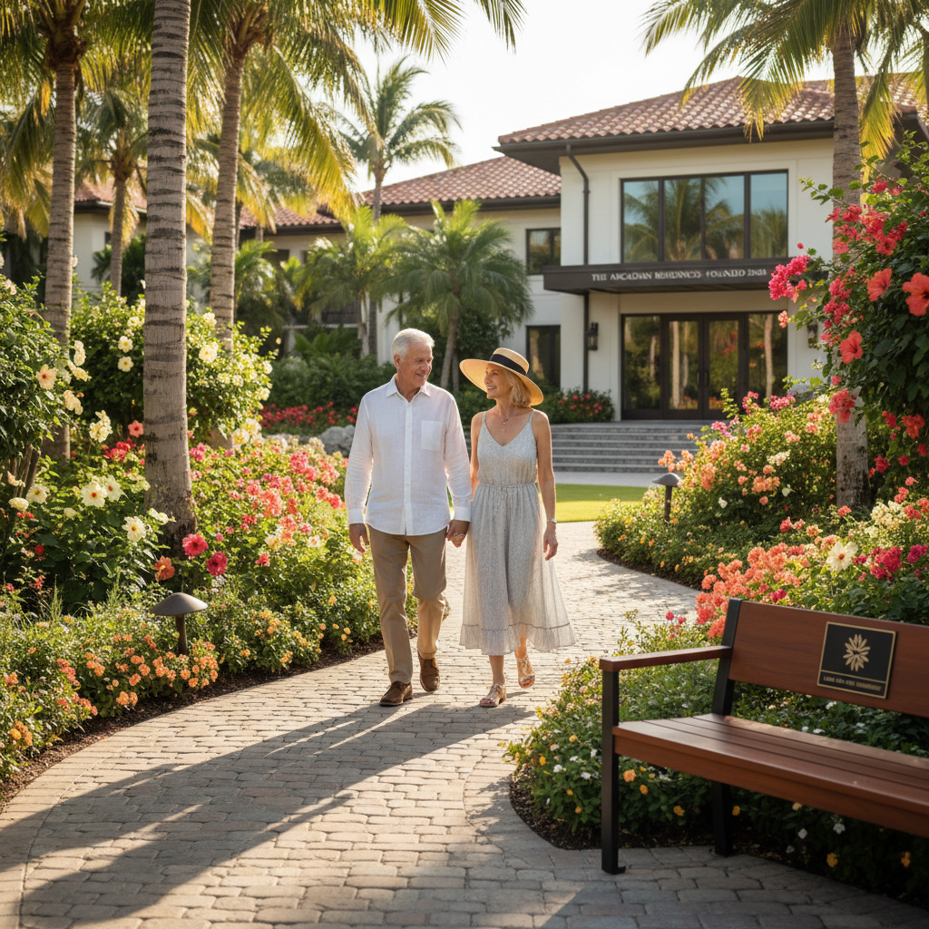an affluent retiree couple walking through a well-maintained garden at a luxury senior living community in a warm Florida setting — long-term care costs