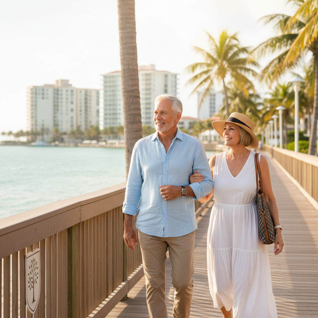 a senior couple walking along a sunny Florida waterfront boardwalk looking relaxed and financially secure — long-term care planning