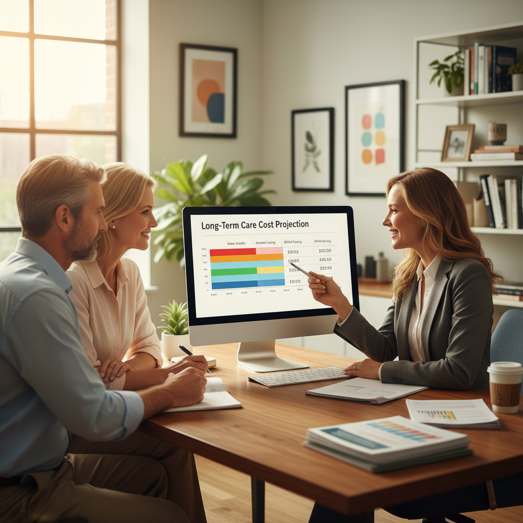 a financial advisor reviewing a detailed long-term care cost projection chart with a client couple in a bright modern office — long-term care planning