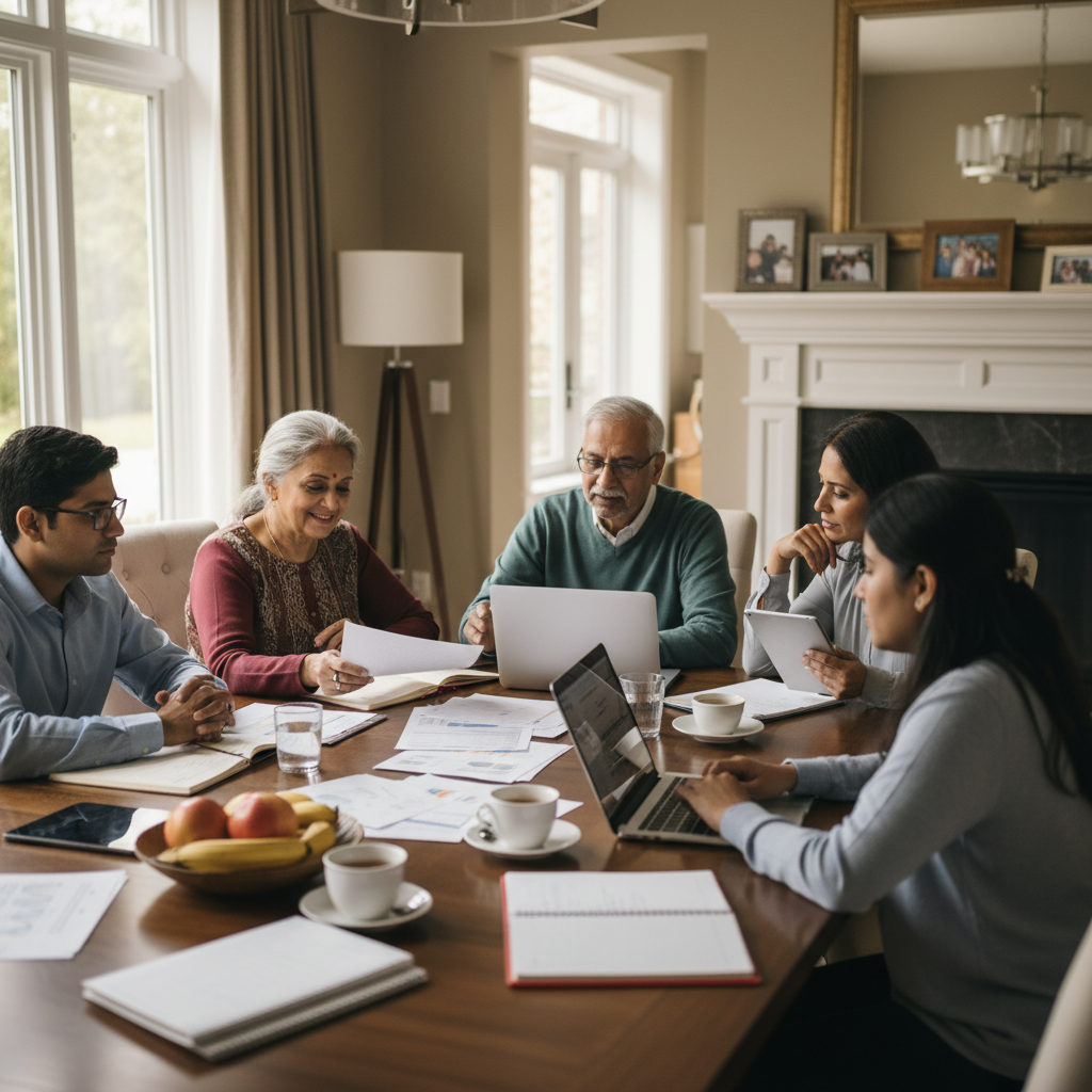 a multi-generational family sitting together at a dining room table with documents and laptops having a focused but warm financial discussion — long-term care planning