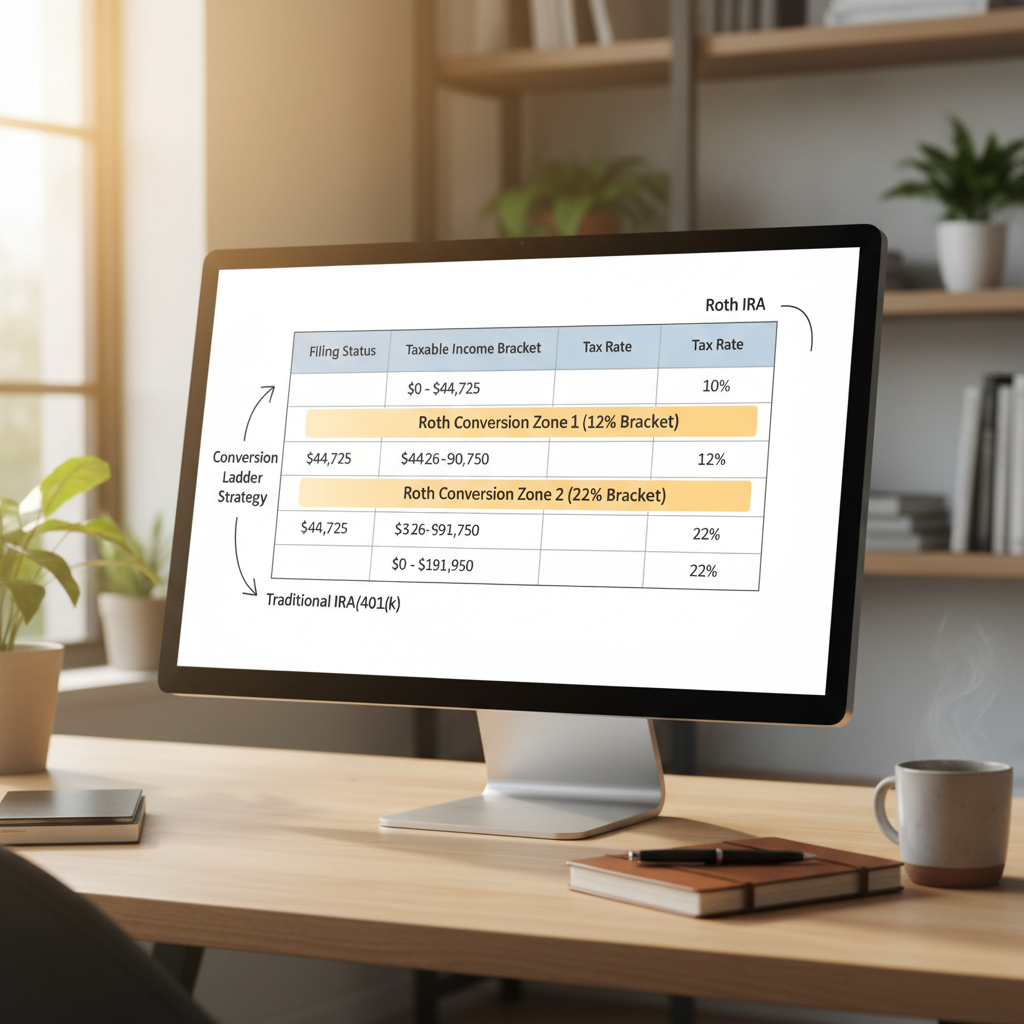 a detailed tax bracket chart on a financial advisors monitor showing different income thresholds with highlighted conversion zones — roth conversion ladder