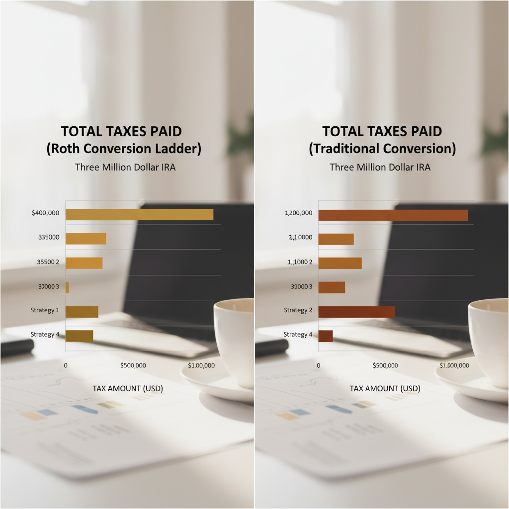 a side-by-side bar chart comparing total taxes paid under four different Roth conversion strategies for a three million dollar IRA — roth conversion ladder