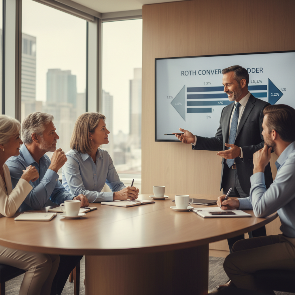 a multigenerational family having a planning discussion with a financial advisor in a bright modern office setting — roth conversion ladder