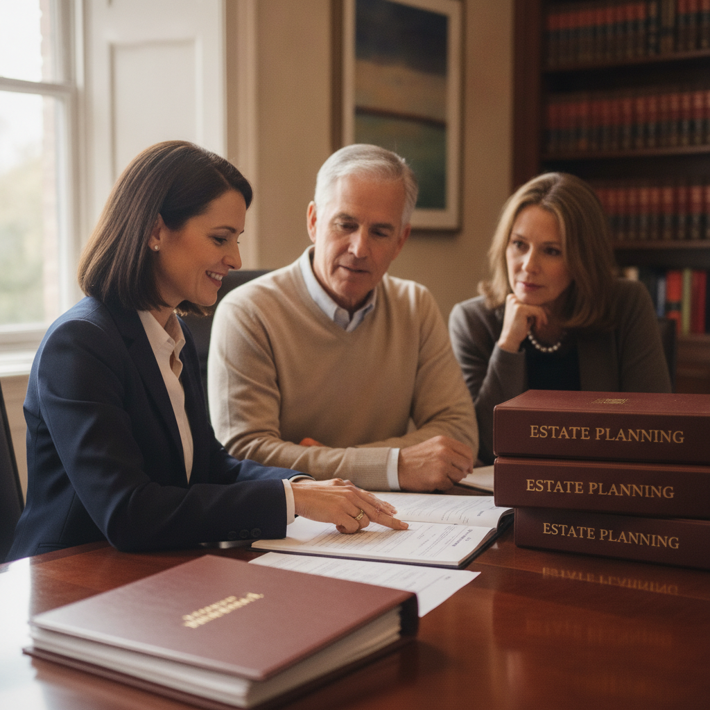 a wealth advisor explaining trust documents to an affluent couple at a polished conference table with estate planning binders visible — irrevocable life insurance trusts