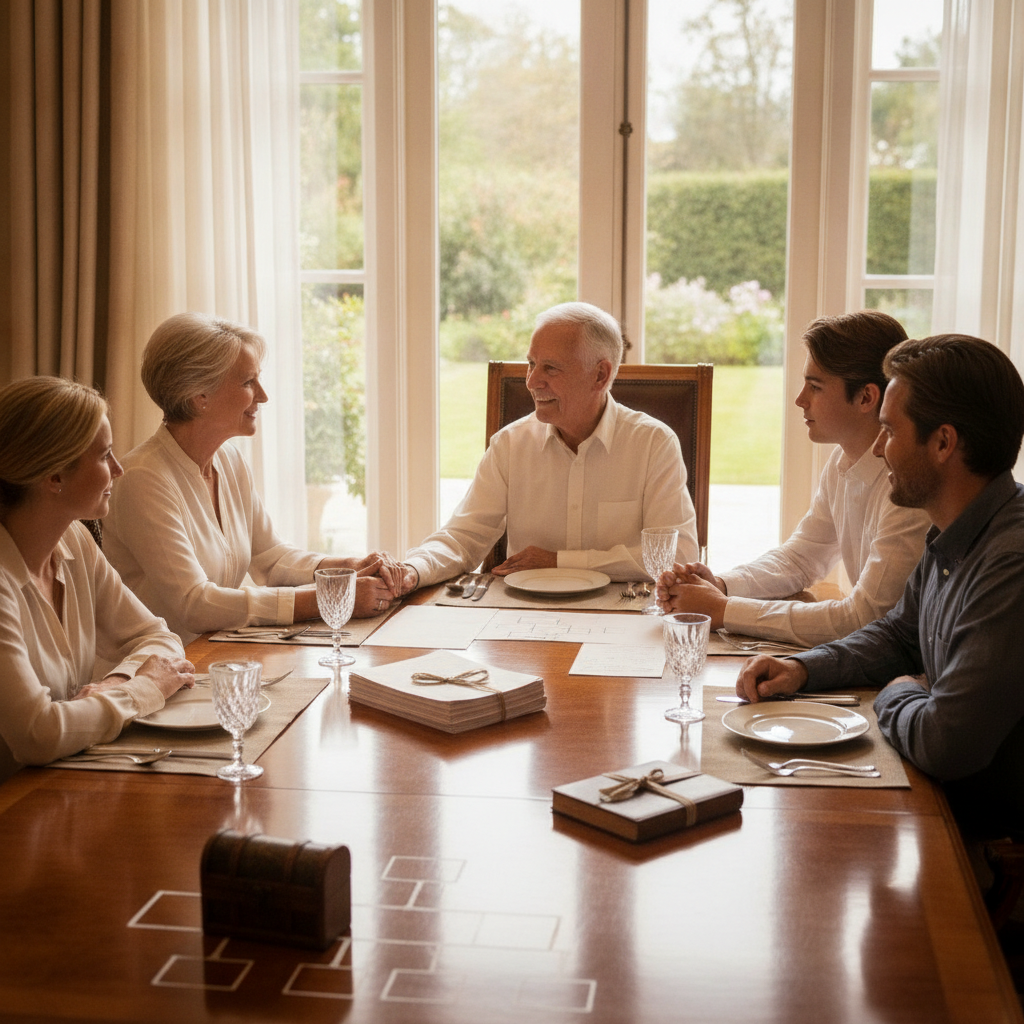 a multi-generational family gathered around a dining table symbolizing wealth transfer and legacy planning — irrevocable life insurance trusts