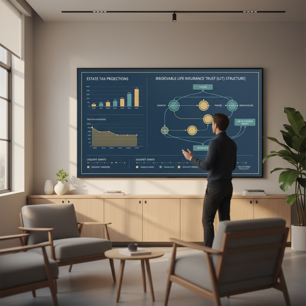 a financial planning dashboard on a large screen showing estate tax projections and trust structure diagrams in a modern office — irrevocable life insurance trusts
