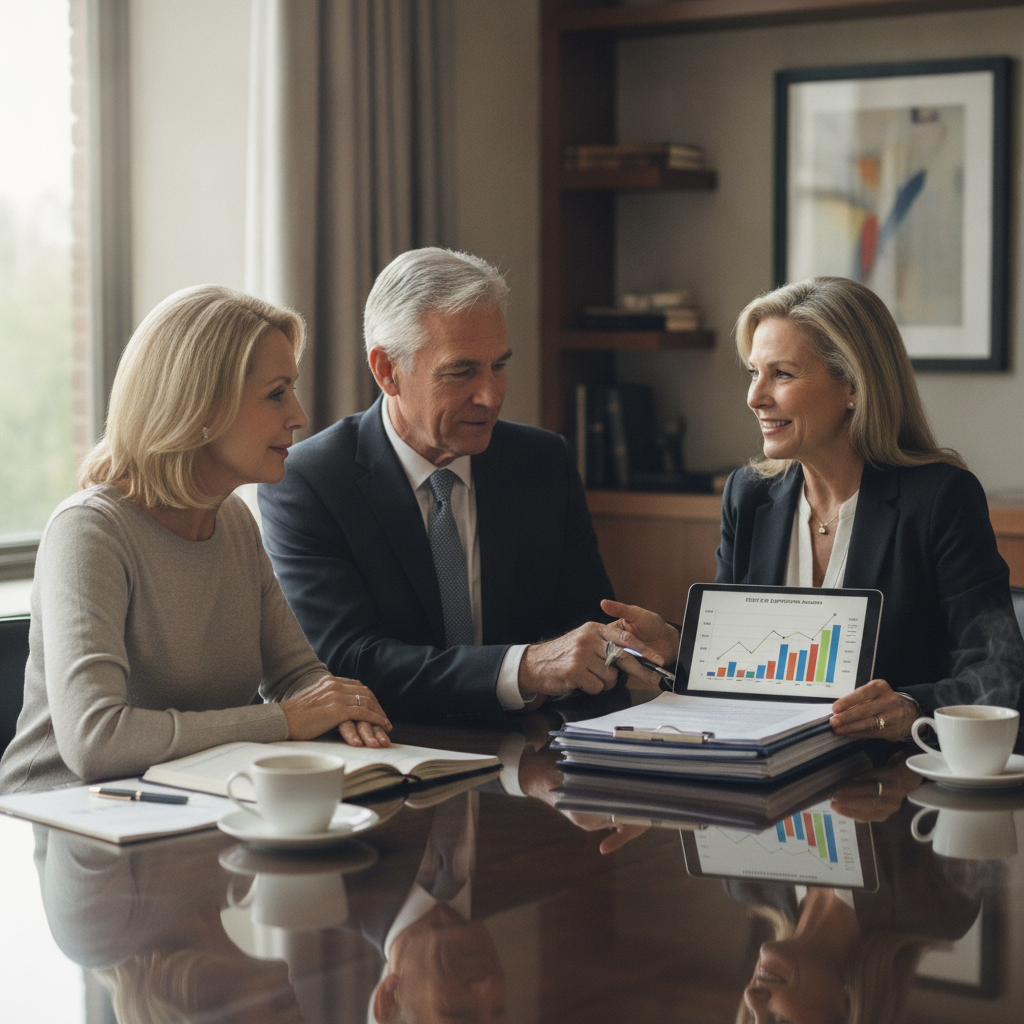 a high-net-worth couple in their 60s sitting across from a financial advisor at a polished conference table reviewing estate planning documents with charts showing exemption amounts — estate tax exemption