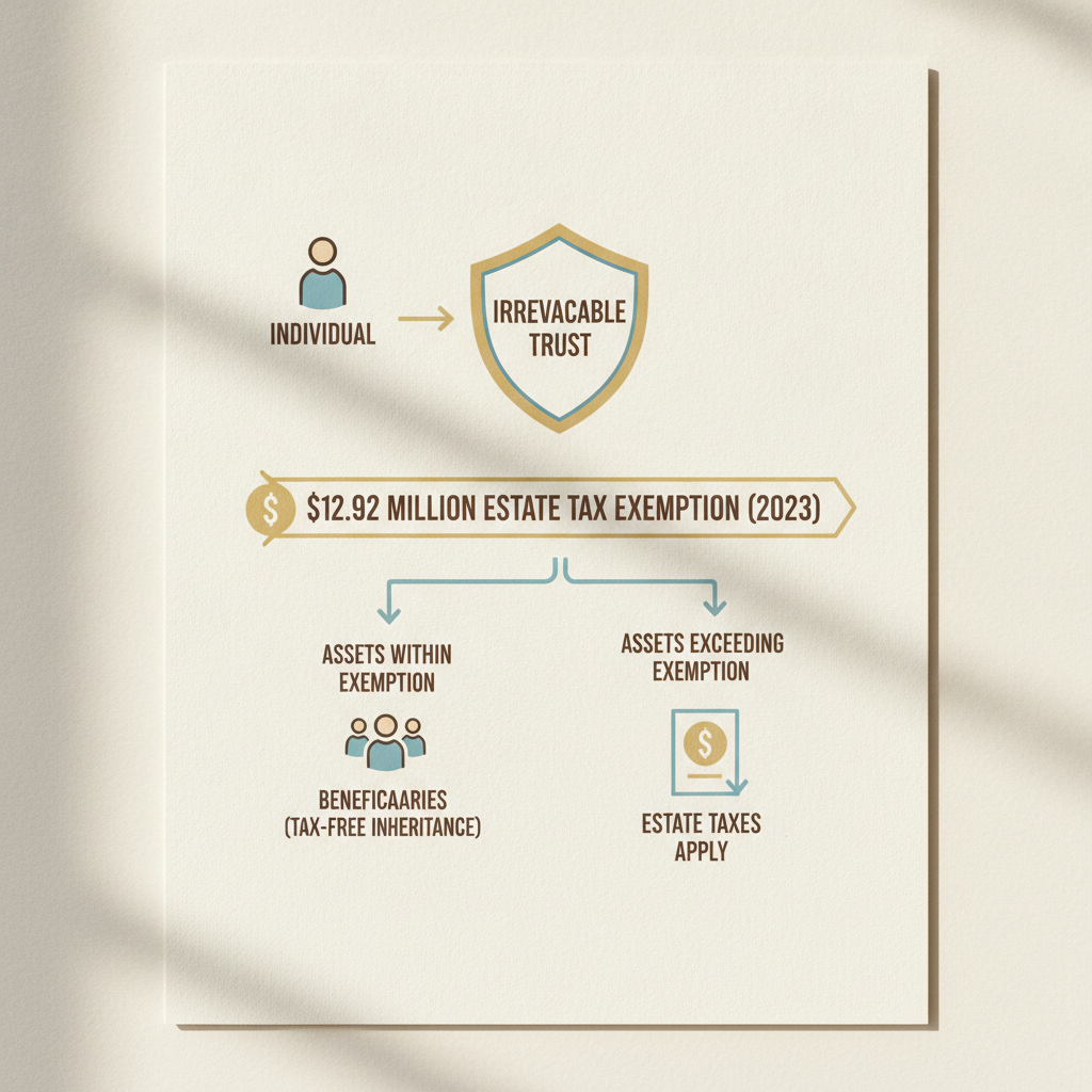 a detailed infographic-style illustration showing how assets flow from an individual through an irrevocable trust to beneficiaries with arrows and dollar amounts representing the estate tax exemption threshold — estate tax exemption