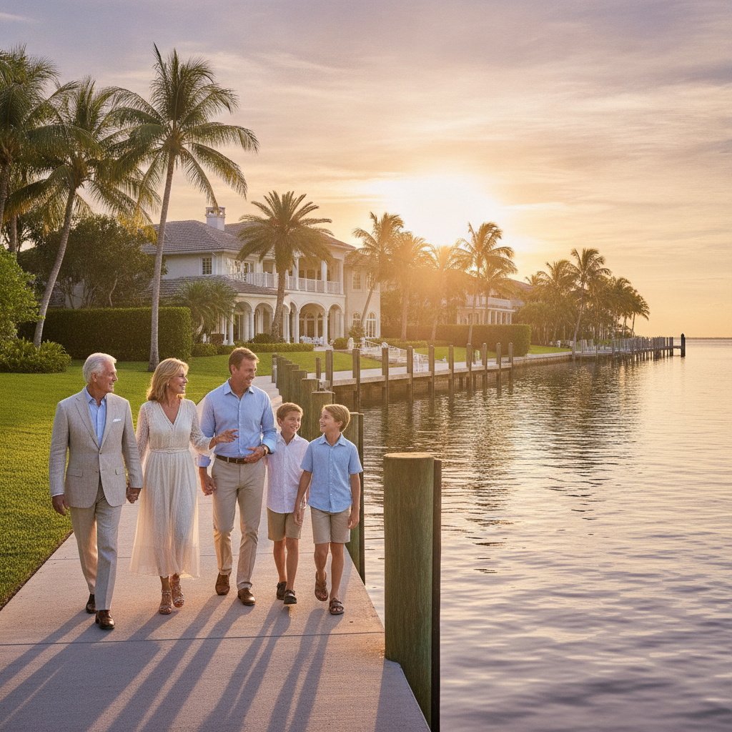a Florida waterfront property at sunset with a professional-looking family walking together symbolizing multi-generational wealth transfer and legacy planning — estate tax exemption
