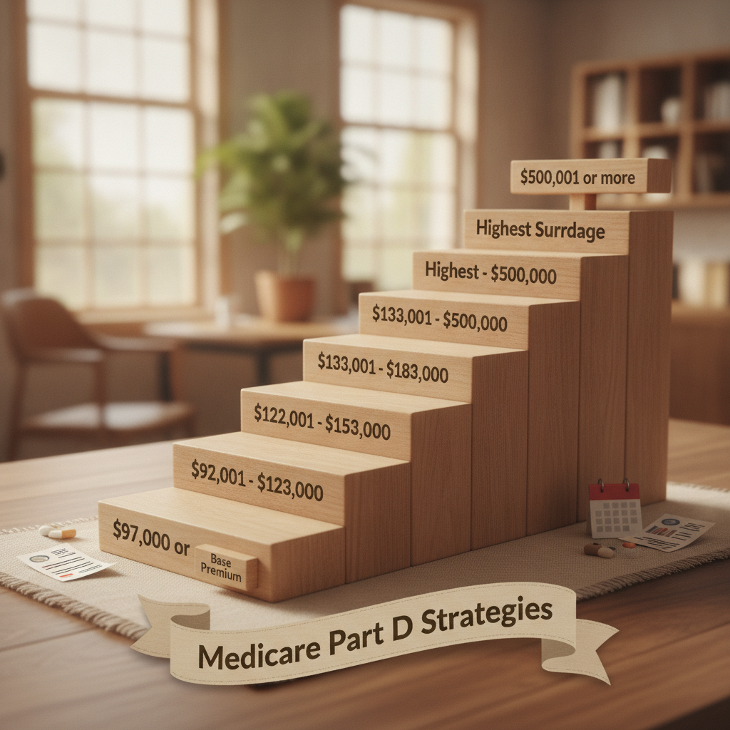 a detailed infographic showing IRMAA income tiers as ascending steps with dollar amounts labeled at each level — medicare part d strategies