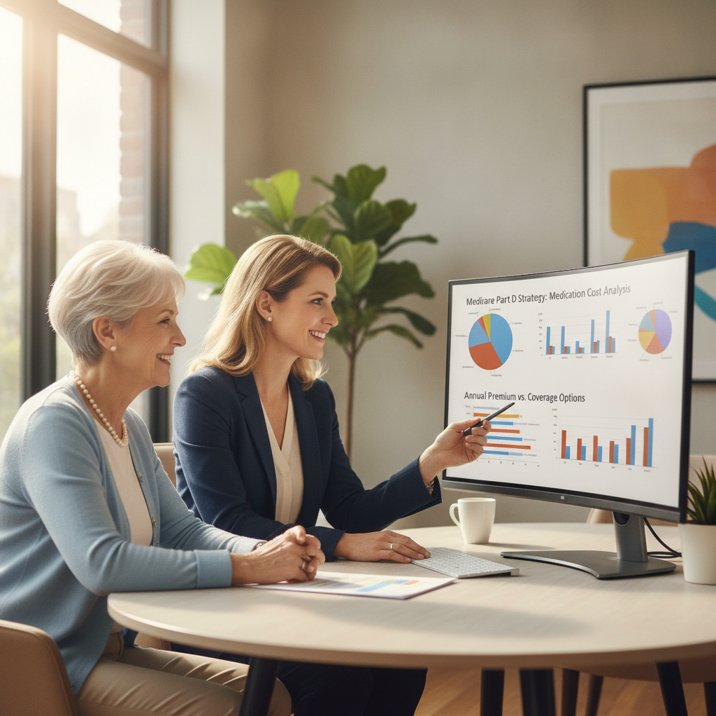 a financial advisor and a retiree couple reviewing portfolio allocation charts on a widescreen monitor in a modern office — medicare part d strategies