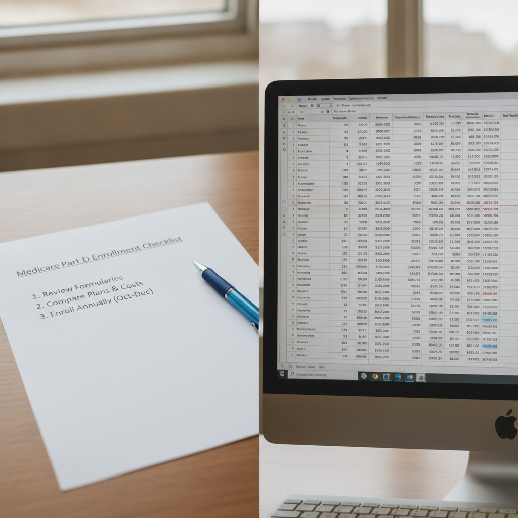 a split-screen comparison showing a simple Medicare enrollment checklist on one side and a complex multi-year tax and income projection spreadsheet on the other — medicare part d strategies