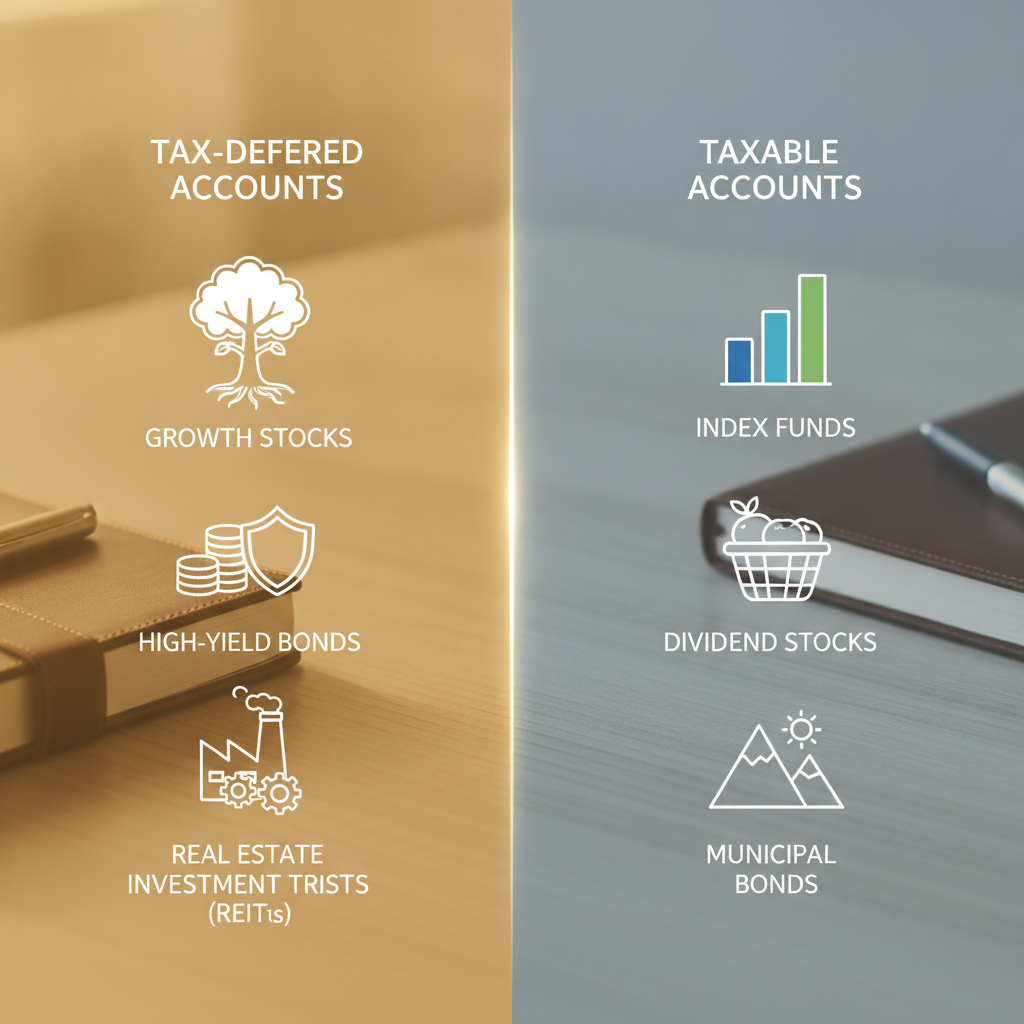 a split-screen comparison chart showing tax-deferred and taxable accounts with different investment types placed in each side — asset location strategy