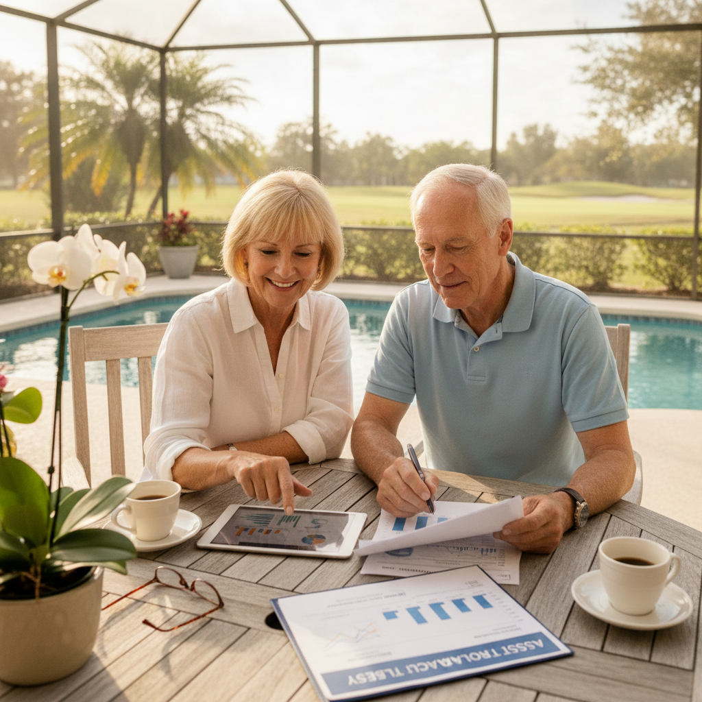 a Treasure Coast retiree couple sitting on a sunlit lanai reviewing financial documents with a tablet and pen — asset location strategy