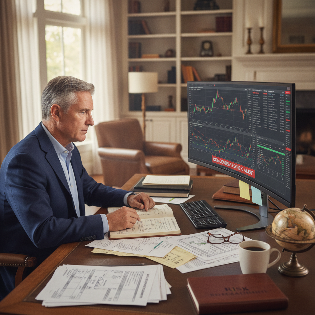 a senior executive reviewing stock portfolio charts on a large monitor in a home office with financial documents spread on the desk — concentrated stock risk