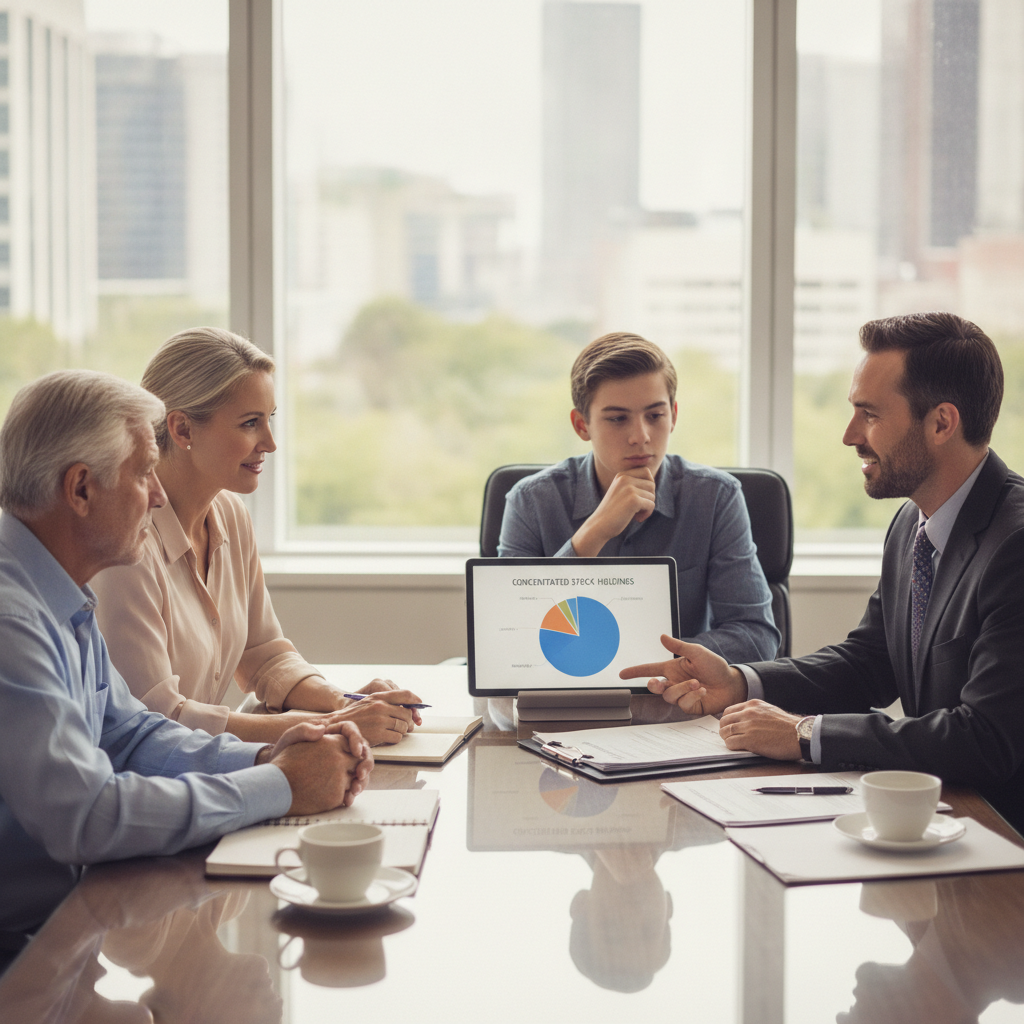 a multigenerational family sitting together at a conference table with a financial advisor discussing estate planning documents — concentrated stock risk