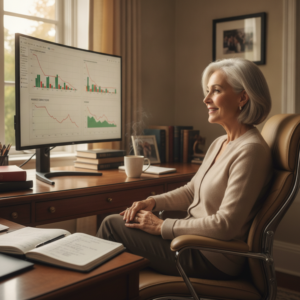 a confident retired executive reviewing portfolio charts on a large monitor in a home office with a notebook and coffee — market corrections
