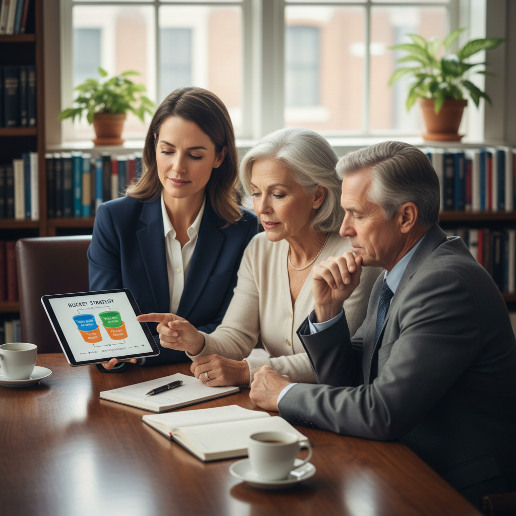 a financial advisor and a couple in their sixties discussing a tiered bucket strategy diagram on a tablet across a conference table — market corrections