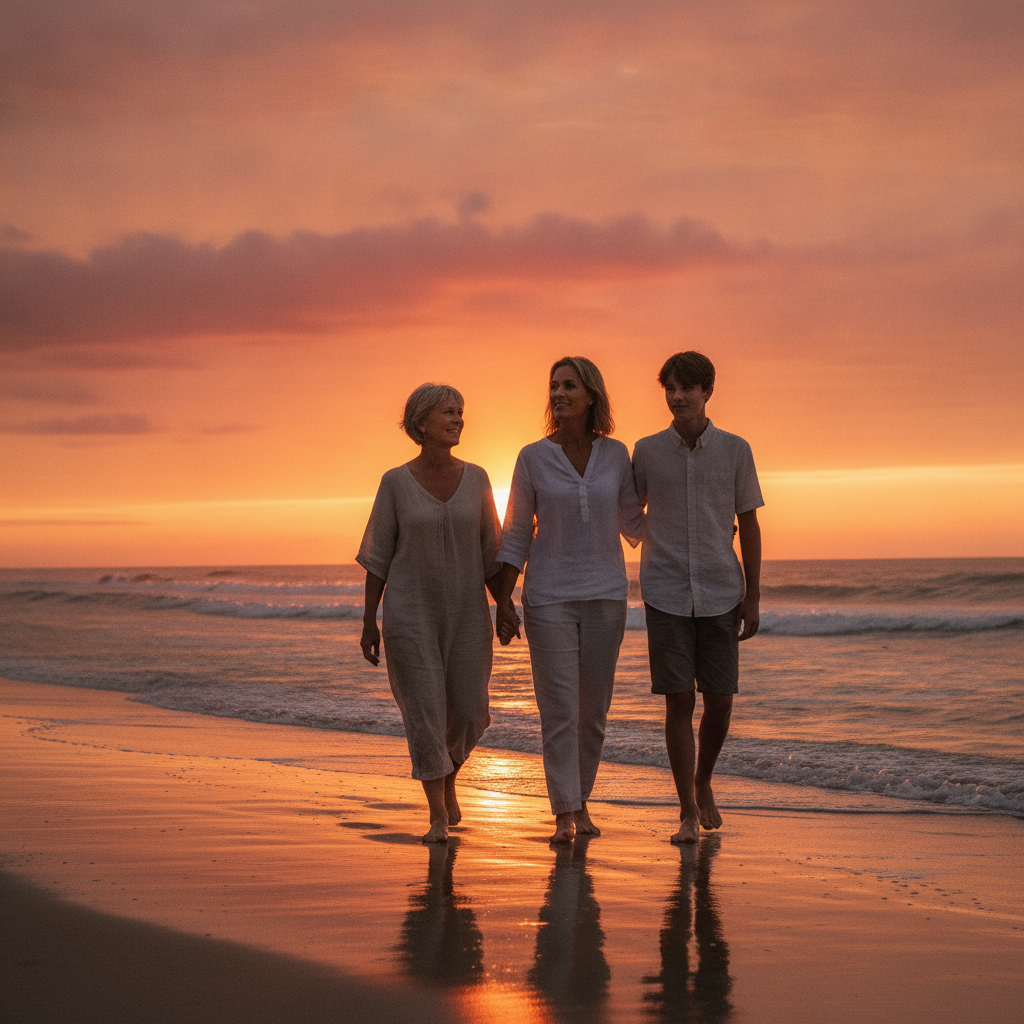 a multigenerational family walking together on a Florida beach at sunset symbolizing long term wealth transfer — market corrections