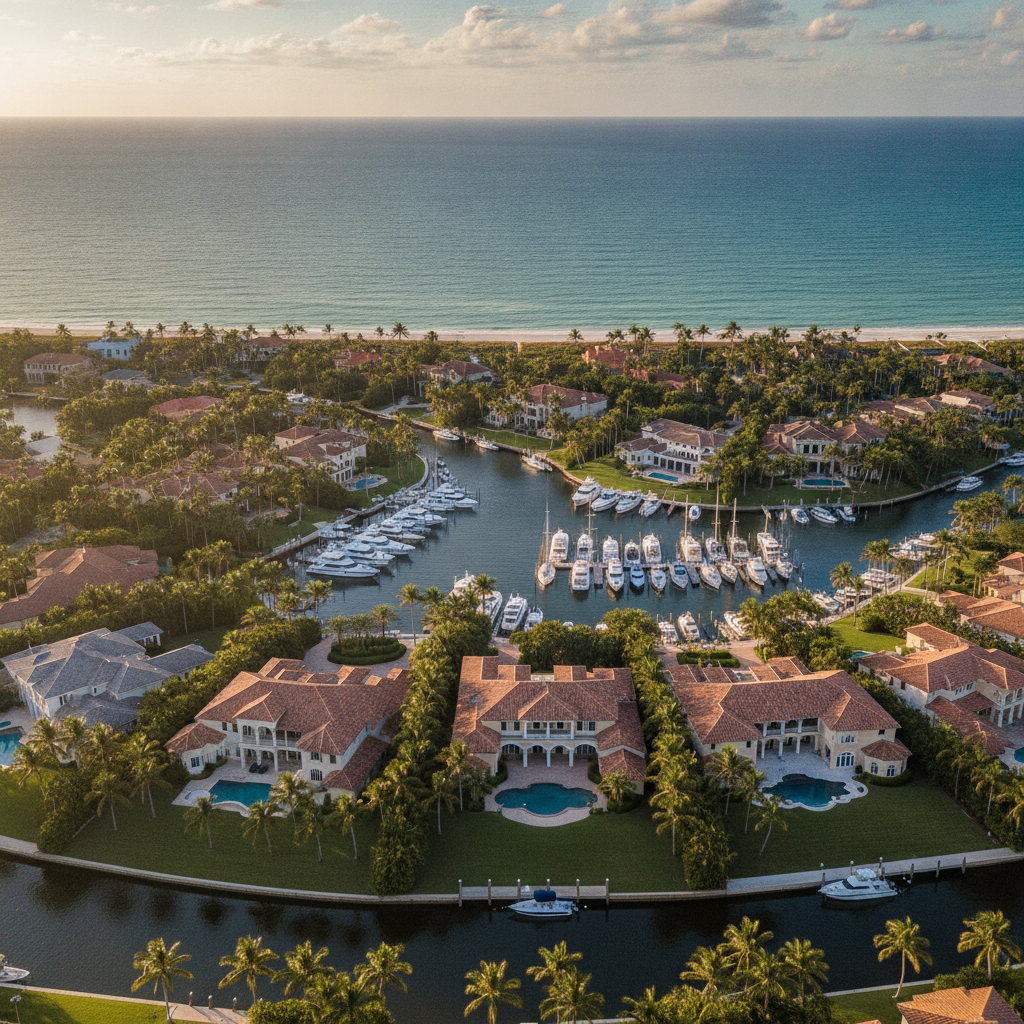 an aerial view of a Florida coastal community with luxury homes and palm trees near a marina representing wealth and relocation to Florida — wealth management checklist