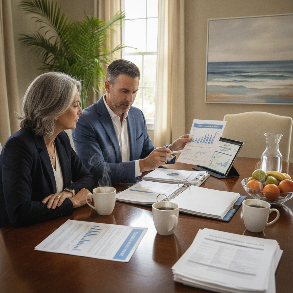 a financial advisor reviewing tax documents and a Florida relocation timeline with a high-net-worth couple at a conference table — wealth management checklist