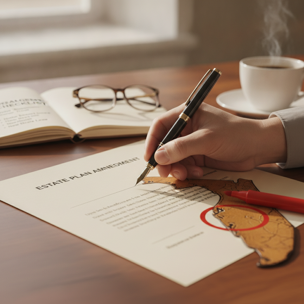 a close-up of an estate planning document being signed with a pen next to a map of Florida representing legal document updates after relocation — wealth management checklist