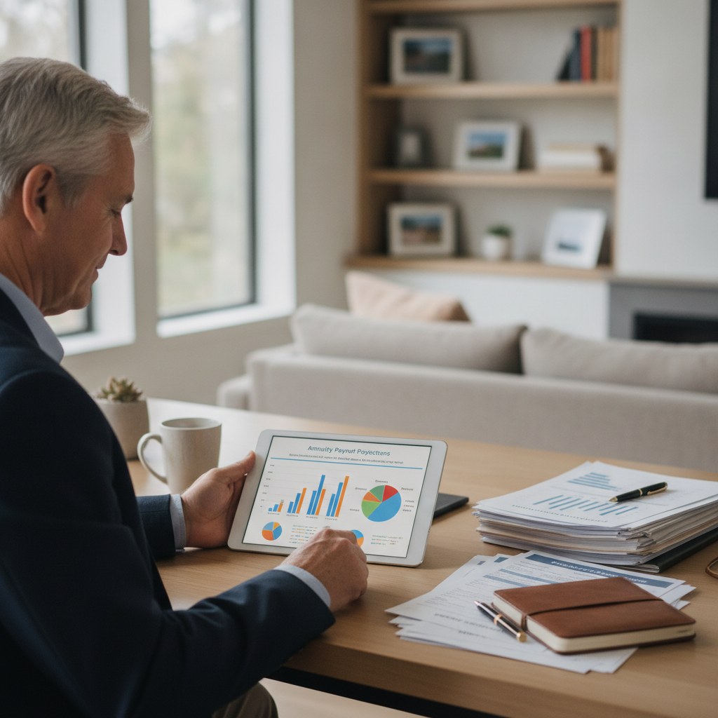 a confident retired executive reviewing annuity payout illustrations on a tablet at a modern home office desk with financial documents nearby — annuities high-rate
