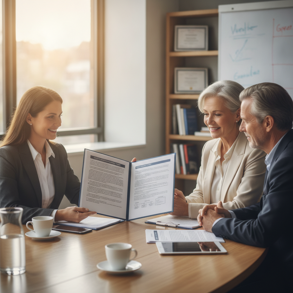 an estate planning attorney and wealth advisor reviewing a multi-generational trust document with a well-dressed couple in a conference room setting — annuities high-rate