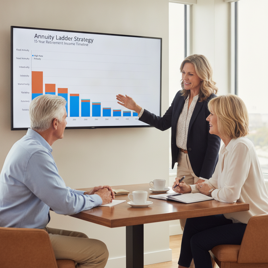 a financial advisor presenting a stacked bar chart showing an annuity ladder strategy over a 15-year retirement income timeline to a couple in their early 60s — annuities high-rate
