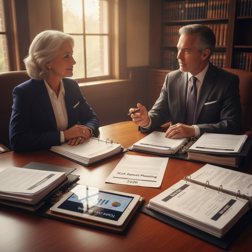 a high-net-worth couple reviewing estate planning documents with an attorney at a mahogany conference table with legal binders and financial statements visible — tcja sunset planning