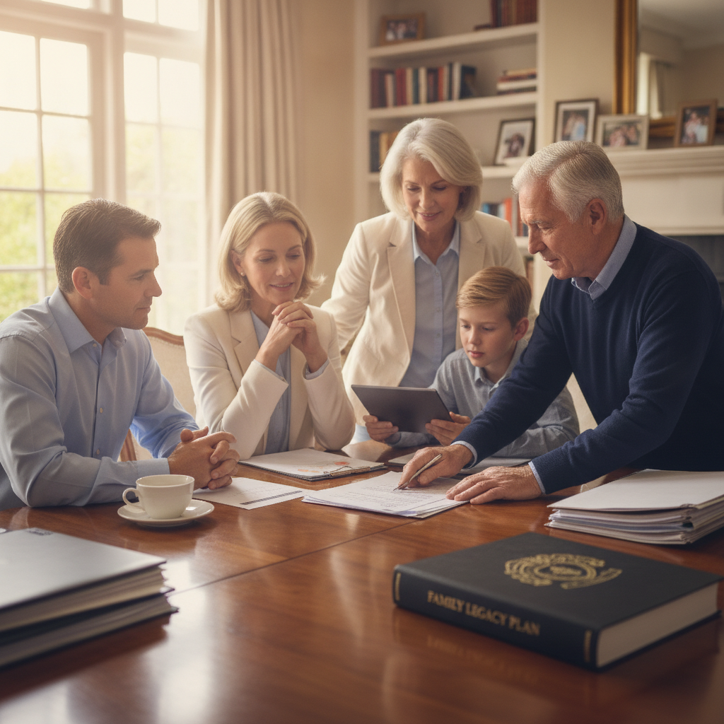 a three-generation family at a dining table reviewing documents together representing multi-generational wealth planning and dynasty trust strategy — tcja sunset planning