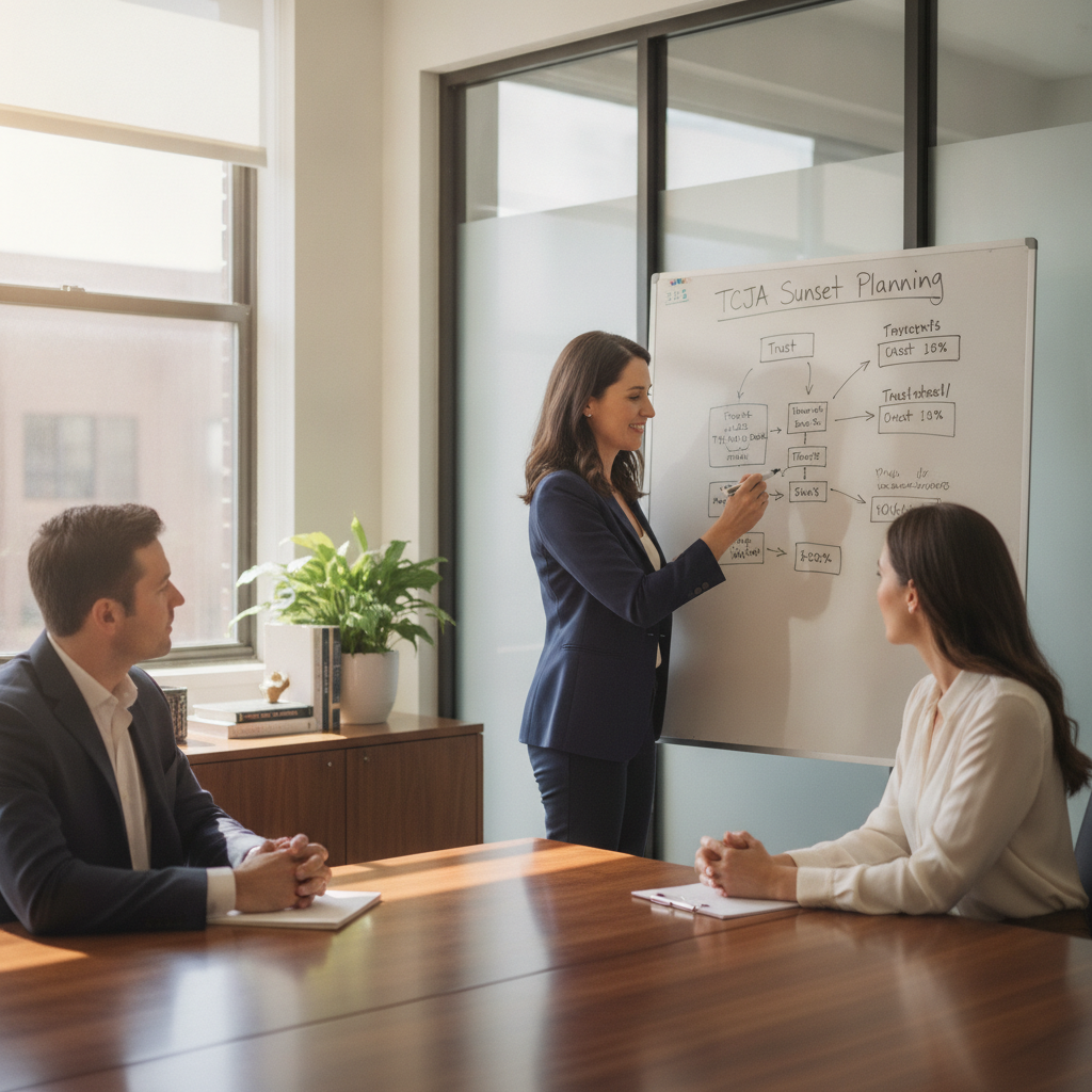 a fiduciary financial advisor presenting a detailed estate planning strategy on a whiteboard to a well-dressed couple in a modern office setting with charts and diagrams visible — tcja sunset planning