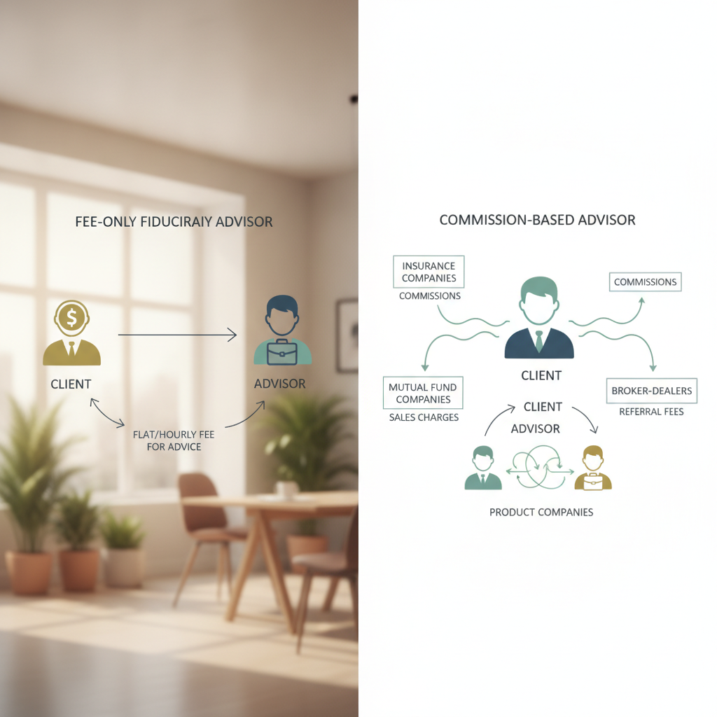 a side-by-side comparison graphic showing a fee-only advisor structure with a clean direct line between client and advisor versus a commission-based structure with arrows pointing to product companies and referral fees — fee-only fiduciary