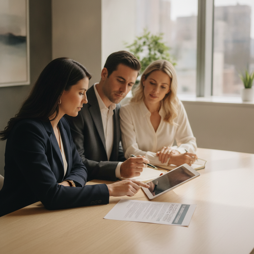 a financial advisor at a clean modern desk reviewing investment portfolio documents with a high-net-worth client couple in a professional office setting — fee-only fiduciary