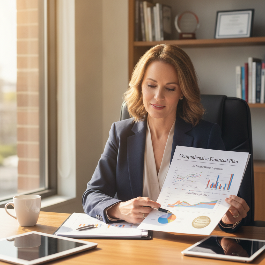 a confident successful business owner or executive reviewing a comprehensive financial plan document with charts showing tax-efficient wealth projections and estate planning timelines — fee-only fiduciary