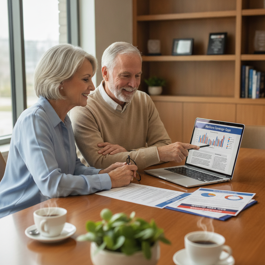 a retired couple sitting across from a financial advisor at a conference table reviewing Medicare plan documents with a laptop and printed charts visible — medicare coverage gaps