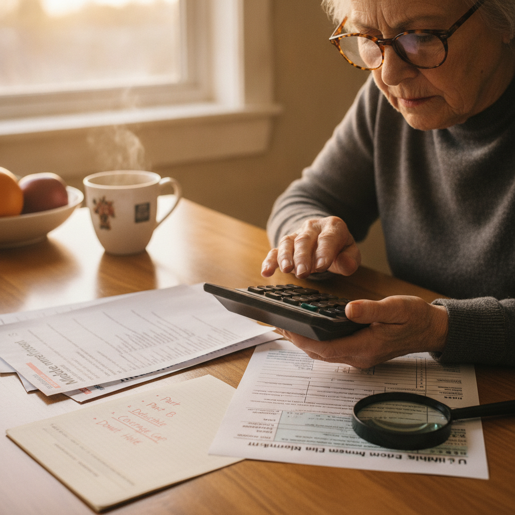 a close-up of a retiree reviewing Medicare premium statements and a tax return side by side at a desk with reading glasses and a calculator — medicare coverage gaps