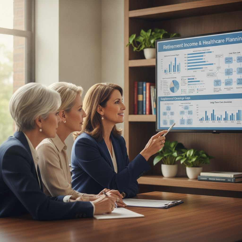 a financial advisor pointing to a detailed retirement income and healthcare planning chart on a large monitor while a couple in their 60s looks on attentively — medicare coverage gaps