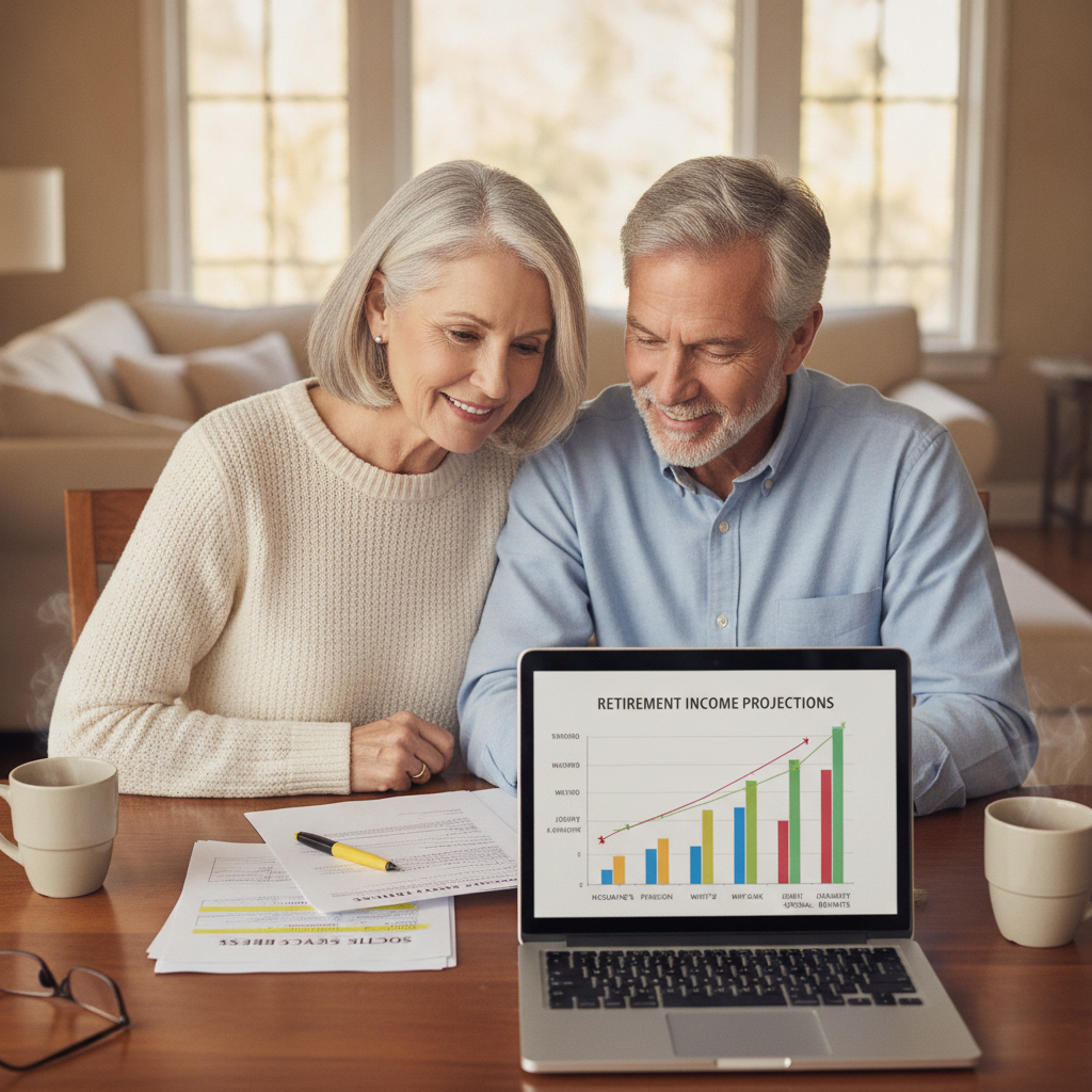 a mature professional couple in their early 60s sitting at a dining room table reviewing financial documents together with a laptop open showing retirement income projections — spousal benefits