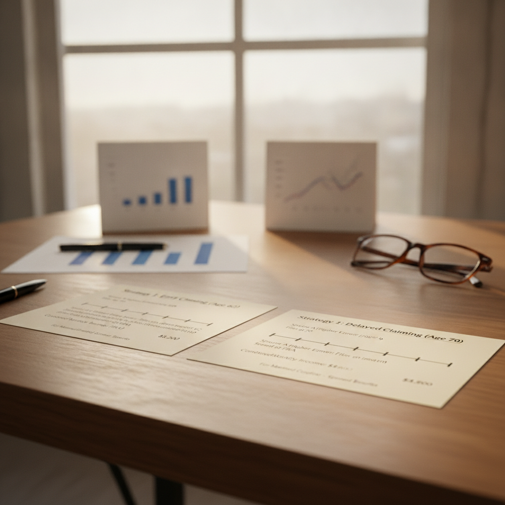 a side by side comparison chart showing two claiming strategy timelines for a married couple with different Social Security filing ages and resulting monthly income amounts — spousal benefits