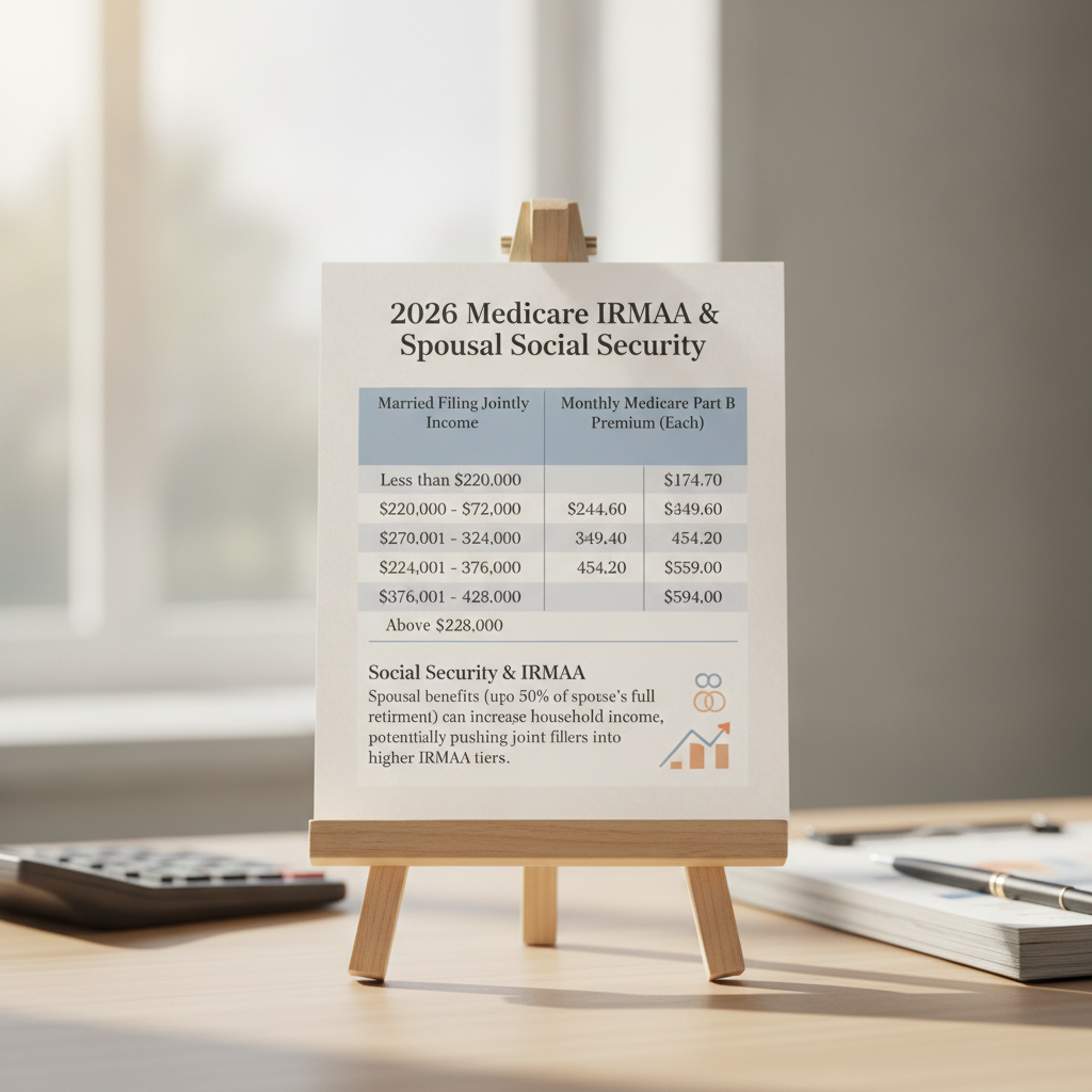 an infographic showing the Medicare IRMAA income bracket thresholds for married couples in 2026 alongside Social Security income levels that could push a household into higher tiers — spousal benefits