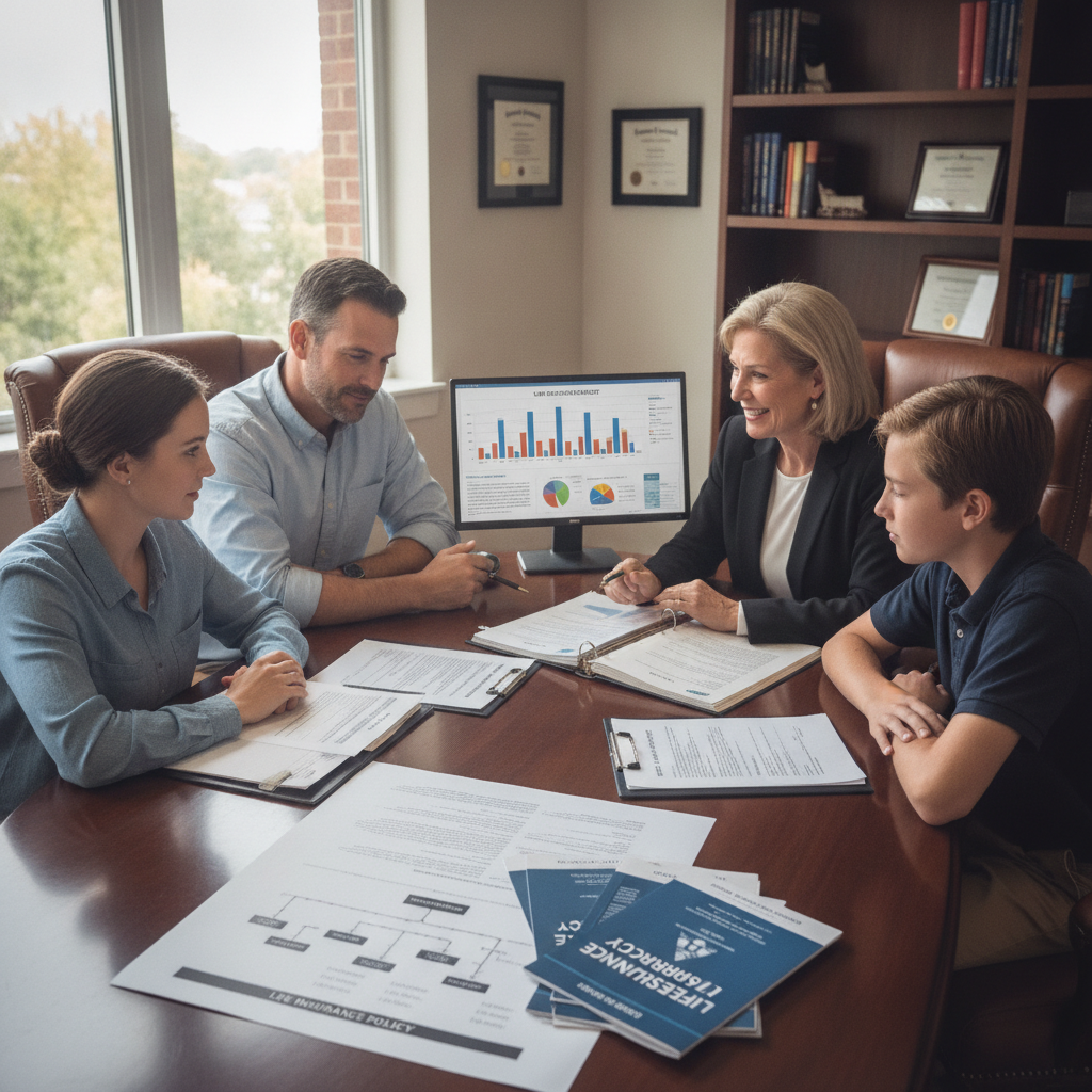 a family sitting with an estate planning attorney reviewing documents at a conference table with charts and life insurance policy paperwork visible — life insurance estate planning