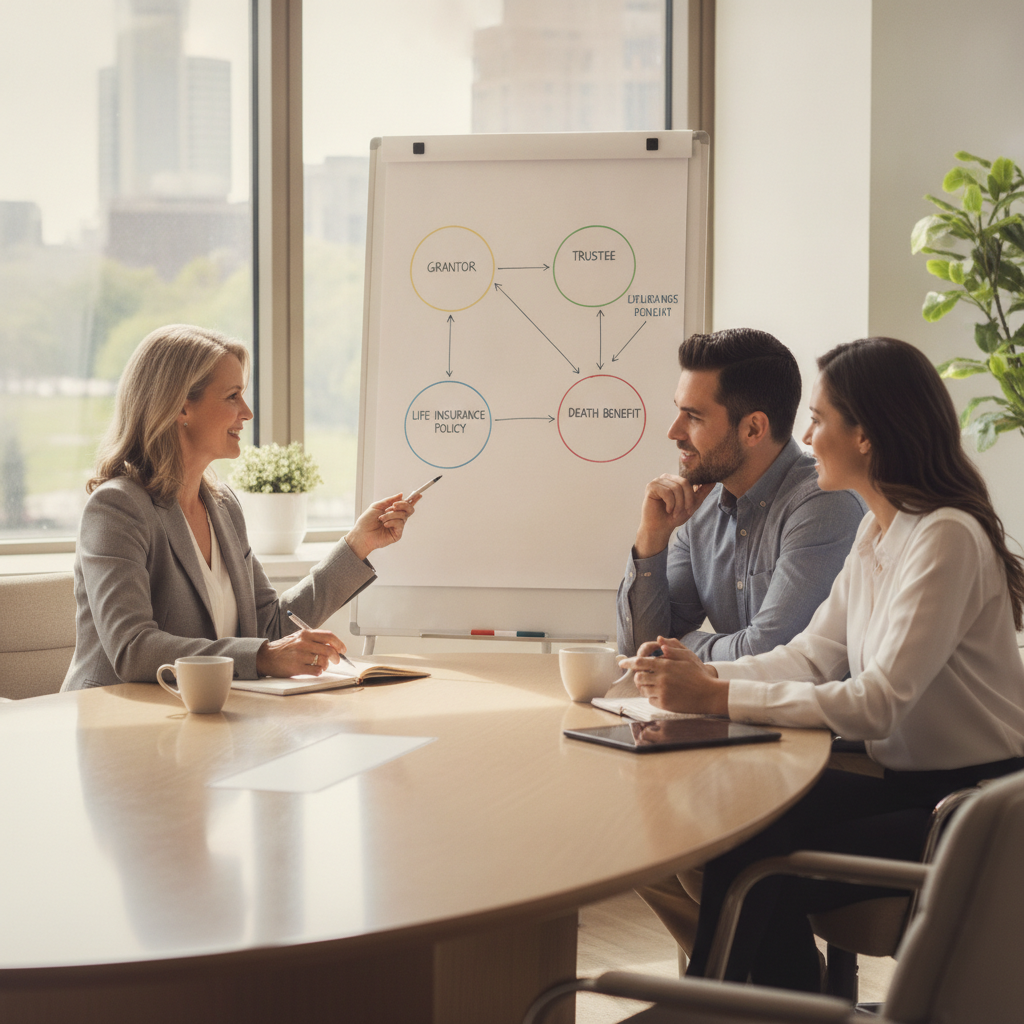 a financial advisor explaining a diagram of an ILIT trust structure to a professional couple in a modern office setting — life insurance estate planning