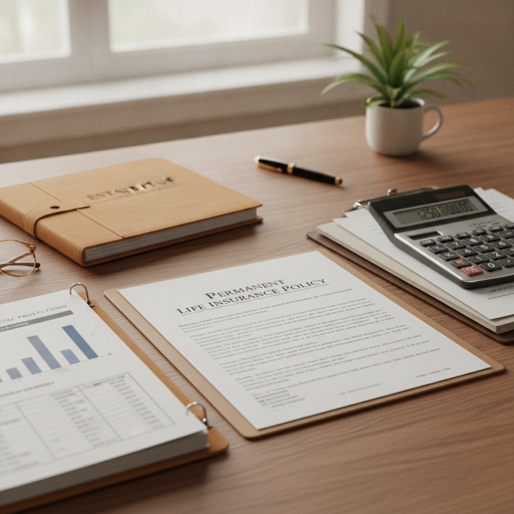 a close-up of a desk with a permanent life insurance policy document next to a calculator and estate plan binder with financial projections visible — life insurance estate planning