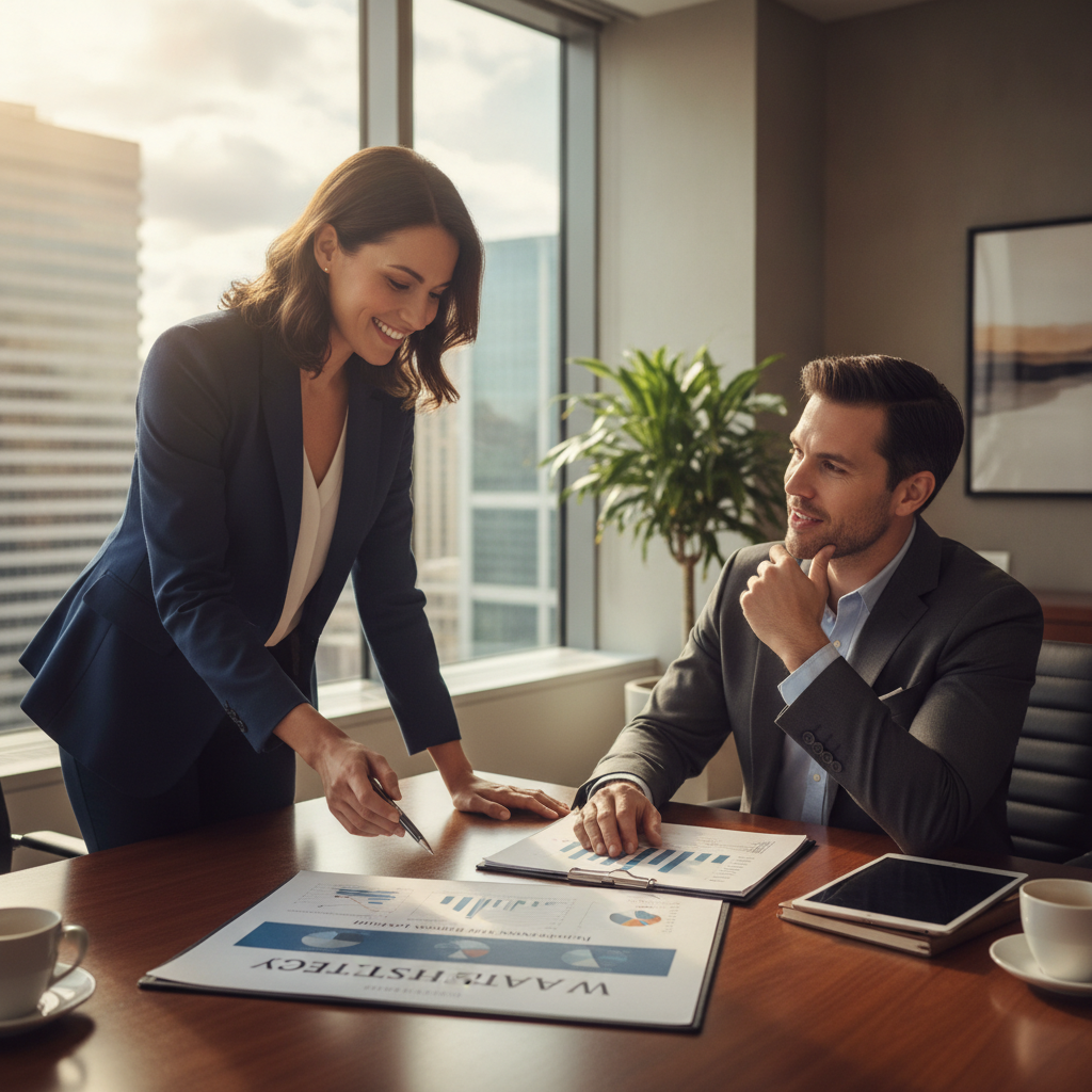 a confident financial advisor reviewing a multi-page wealth strategy document with a well-dressed executive in a modern office setting — high-net-worth risk management