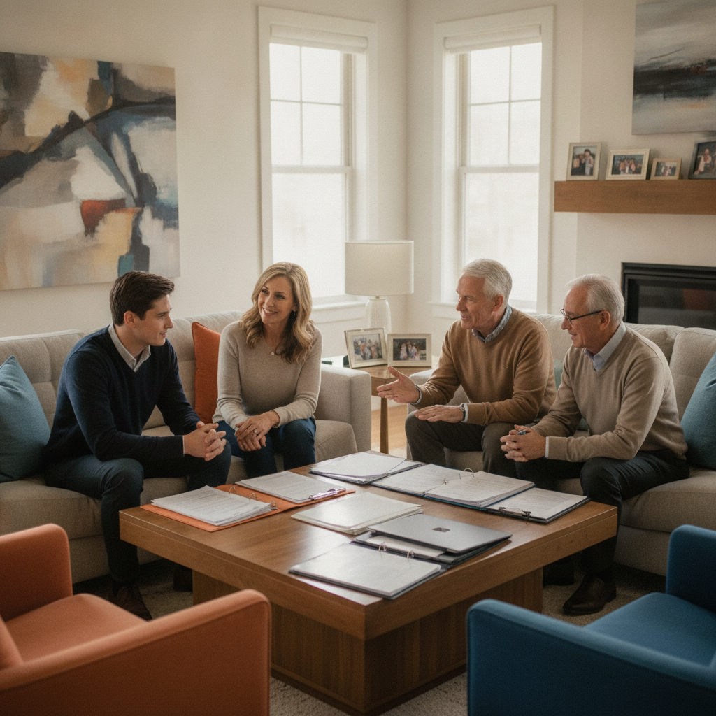 a multi-generational family sitting together in a living room with documents spread on a coffee table suggesting an estate planning conversation — high-net-worth risk management
